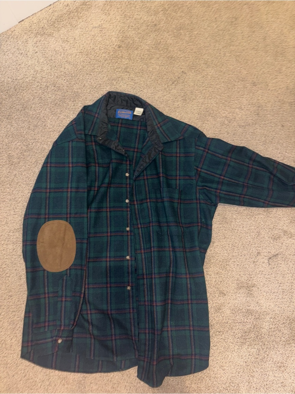 Vintage Pendleton Green Plaid Button-Down Shirt with Brown Elbow Patch